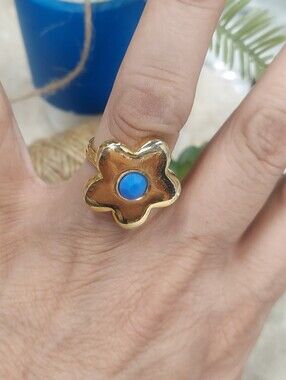 R116 90s Chunky Gold Flower Ring with Purple Faceted Cobochon Women's Jewelry